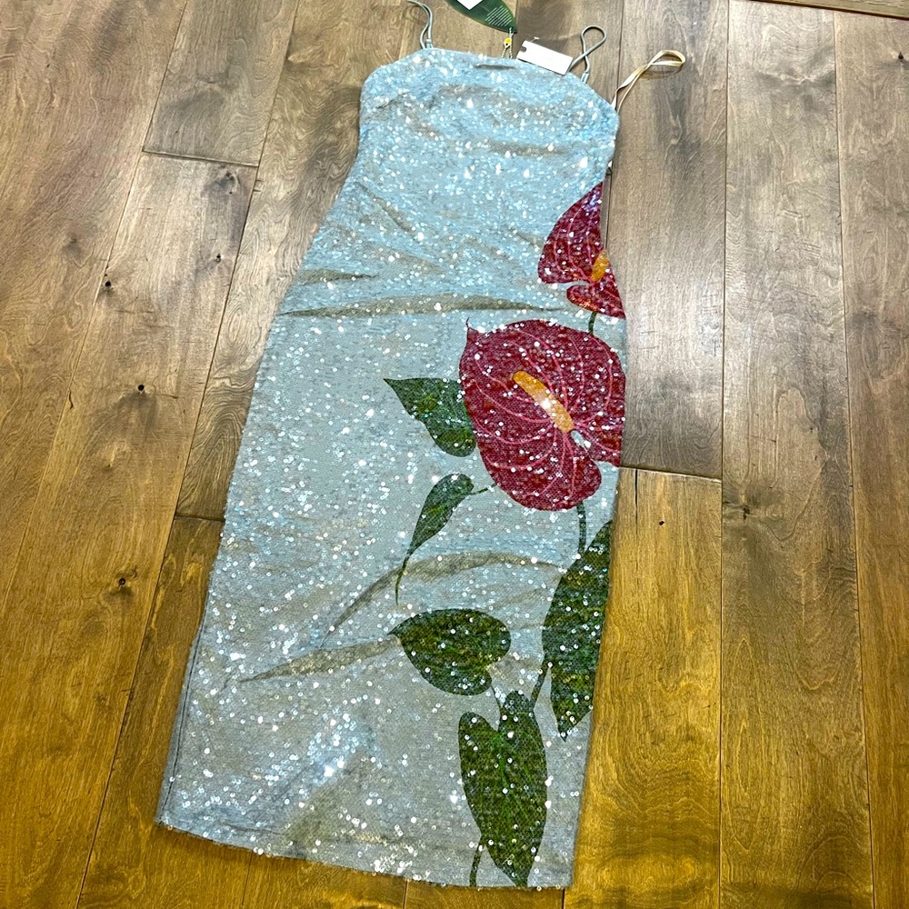 FARM Rio Sequin Floral Midi Dress - Red and Green